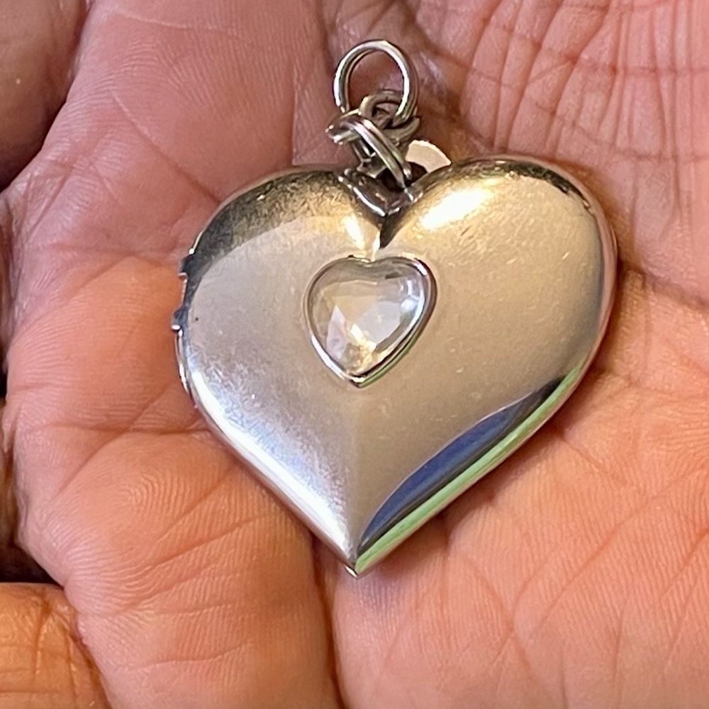 Silver Tone Shiny Heart Locket Pendant with Heart Crystal Center.